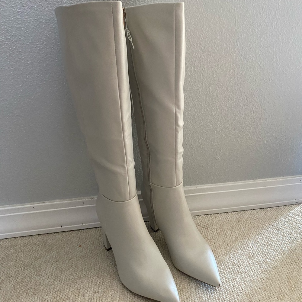 Marc Fisher Cream Knee-High Pointed Toe Heeled Boots